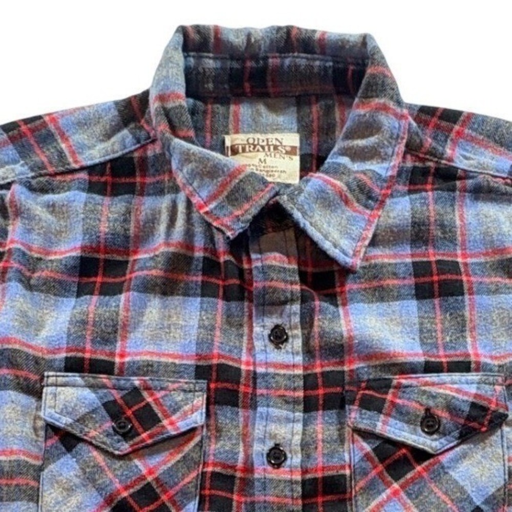 Open Trails Flannel Shirt Mens M Blue Red Plaid Cotton Button Down Long Sleeve